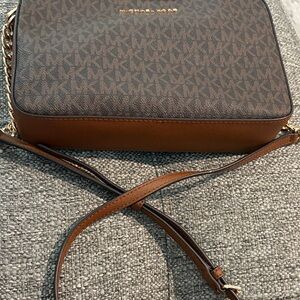 Michael Kors Dark Brown and Tan Crossbody Bag 91/2” x8” x23/4”